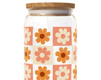 Checkered Orange Retro Daisy | 16 oz Clear Glass Cup | Unique Gifts for Family Friends