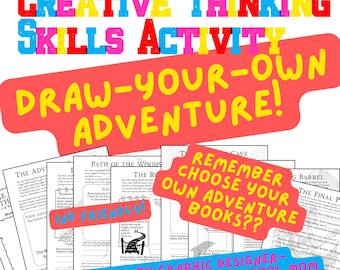 Puede incluir: Un conjunto de páginas de actividades en blanco y negro con el texto "Creative Thinking Skills Activity" y "Draw-Your-Own Adventure!" en texto colorido. El texto adicional incluye "Ink Friendly!" y "Remember Choose Your Own Adventure Books??"