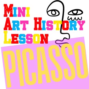 Peut inclure: Graphique coloré avec les mots "MINI ART HISTORY LESSON" en lettres majuscules et en gras. En dessous, le mot "PICASSO" est affiché en grandes lettres jaunes sur un fond rose. Un dessin au trait noir d'un visage est également présent.