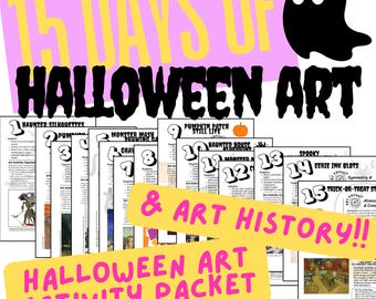 Può includere: Un pacchetto di attività artistiche a tema Halloween con il testo "15 giorni di arte di Halloween" in nero e giallo. Il pacchetto include vari progetti artistici, come sagome infestate e macchie d'inchiostro spettrali.