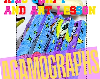 May include: A colorful agamograph art project with a space theme. The artwork features a rocket ship, planets, and stars, with the words "KIDS CRAFT AND ART LESSON" and "AGAMOGRAPHS" in bold, multi-colored text.