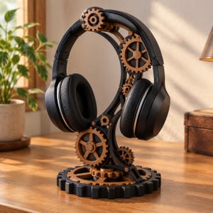 May include: A black and copper-colored headphone stand featuring a mechanical gear design. The stand has a circular base with gear teeth and a central vertical support adorned with multiple interlocking gears of varying sizes holding black headphones.
