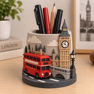 May include: A cylindrical desk organizer featuring a London theme with a three-dimensional red double-decker bus, a beige clock tower, a stone-colored bridge, and a black street lamp. The base is dark gray with white road markings.