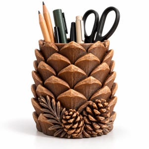 Winter Pine Cone Pen Holder, Rustic 3D Printed Desk Organizer, Unique Botanical Office Decor