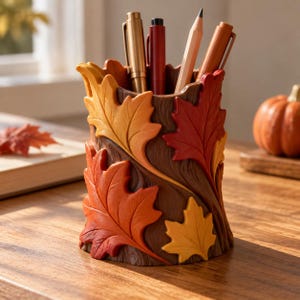 May include: A cylindrical pencil holder shaped like a tree trunk with raised, textured autumn leaves in shades of yellow, orange, and red. The holder contains a gold pen, a red pen, a wooden pencil, and an orange pen, all standing upright.