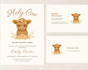 Conjunto de invitaciones para baby shower editables de estilo bohemio con diseño de vaca de las Tierras Altas, género neutro, invitación para baby shower de vaca neutra, baby shower, baby shower de vaca sagrada