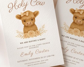 Invitación para baby shower con temática de vaca sagrada, invitación neutra para baby shower, plantilla editable de Canva, baby shower con temática de vaca de las Tierras Altas
