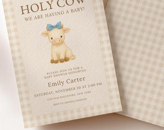 Holy Cow We’re Having A Baby, Holy Cow Baby Shower Invitation, Boy Baby Shower, Cow Baby Shower Invite, Editable Canva Template