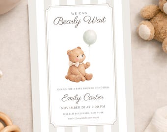 We Can Bearly Wait Baby Shower Invitation, Neutral Teddy Bear Invite, Editable Canva Template, Vintage Striped Baby Shower