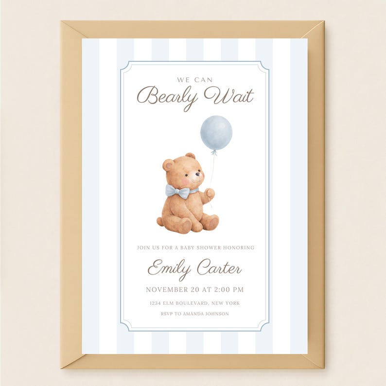 We Can Bearly Wait Boy Baby Shower Invitation, Blue Boy Teddy Bear ...