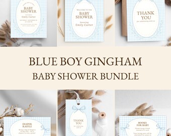 Blue Gingham Boy Baby Shower Bundle • Editable Canva Templates • Blue Bow Baby Shower Signs & Invitation Set • Classic Gingham Decor