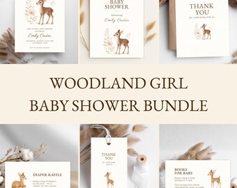 Woodland Girl Baby Shower Bundle • Oh Deer It’s a Girl • Watercolor Baby Shower Invitation Set • Editable Canva Template