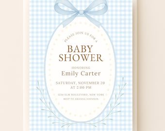 Blue Gingham Baby Shower Invitation • Editable Canva Template • Classic Bow Watercolor Invite • Printable 5x7