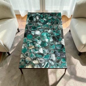 Custom Green Agate Stone Table Top – Rectangular Natural Green Agate Gemstone Coffee Table with Unique Patterns