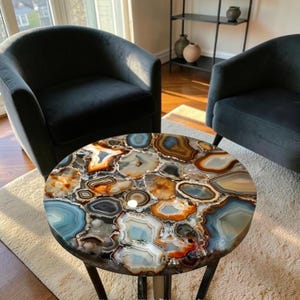 Agate Stone Coffee Table Top – Round Natural Agate Gemstone Table with Multicolor Geode Patterns