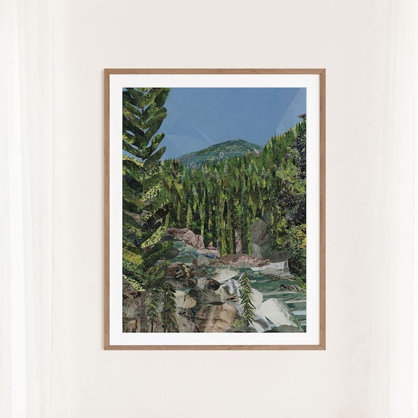 Mountain Collage Artwork Waterfall Pine Trees River Rocks Modern House Decor Colorful Wall Art | "Mountain Grottos" - Art Print or Canvas