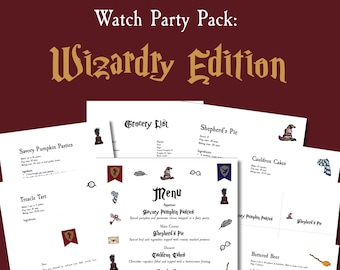 May include: A printable menu and grocery list for a Harry Potter themed watch party. The menu includes Savory Pumpkin Pasties, Shepherd's Pie, Cauldron Cakes, Treacle Tart, and Buttered Beer. The grocery list includes ingredients for each dish.
