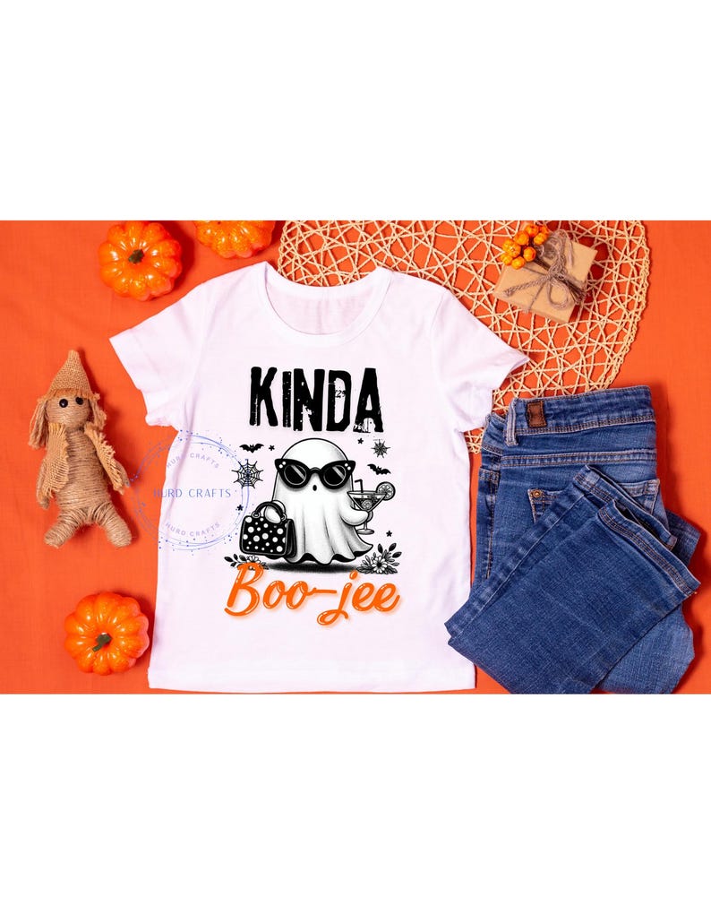 May include: White t-shirt with a Halloween-themed graphic. The design features a ghost wearing sunglasses and holding a cocktail, with the words "Kinda Boo-jee" in black and orange. The shirt is paired with blue jeans.