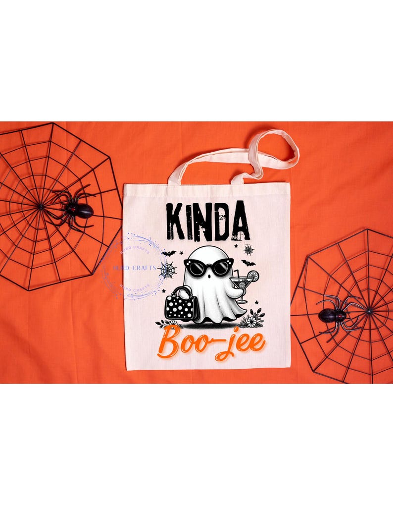 May include: A white canvas tote bag with the words "Kinda Boo-jee" and a cartoon ghost wearing sunglasses, holding a cocktail and a purse. The bag has white handles and is on an orange background with spiderweb decorations.