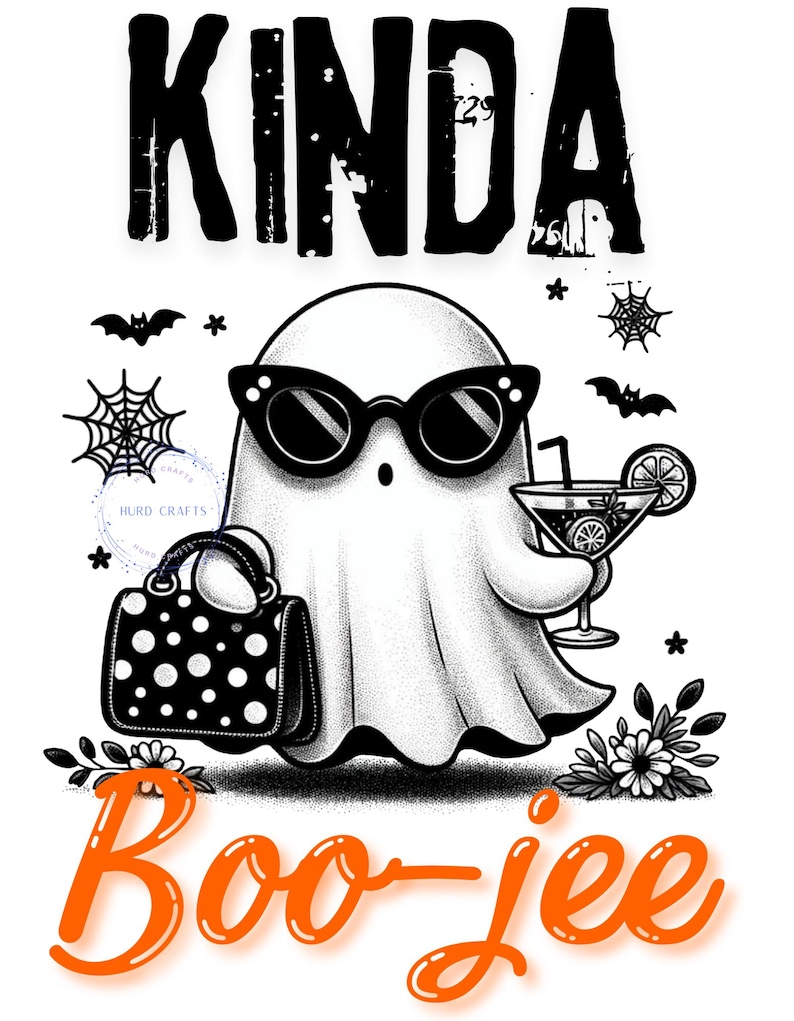 May include: A black and white illustration of a ghost wearing sunglasses, holding a cocktail and a polka dot purse. The text reads "KINDA Boo-jee" in black and orange. Bats and spiderwebs are also included in the design.