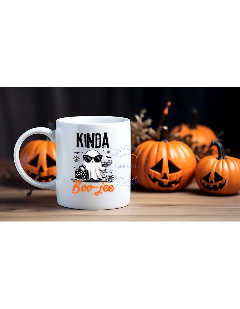 May include: White ceramic mug with a Halloween-themed design. The mug features a cartoon ghost wearing sunglasses and holding a cocktail, with the words "Kinda Boo-jee" printed on it. Orange pumpkins are in the background.