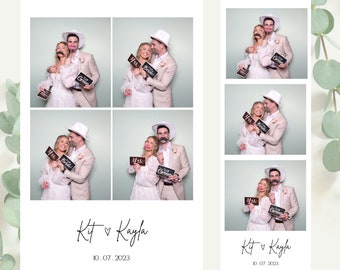 May include: A photo booth backdrop with six photo strips featuring a couple in various poses. The couple are wearing white hats and holding signs that say "Mrs." and "Mr. Groom". The backdrop is a light green colour and the photo strips are white with black borders. The text "Kit ♥ Kayla 10.07.2023" is at the bottom of the backdrop.