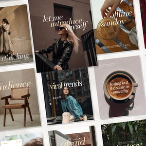 Op de afbeelding: Een verzameling sjablonen voor social media-berichten met diverse lifestyle-afbeeldingen, waaronder een persoon in een leren jas, een kop koffie, een houten stoel en tekstoverlays zoals let me introduce myself, offline sunday en viral trends.