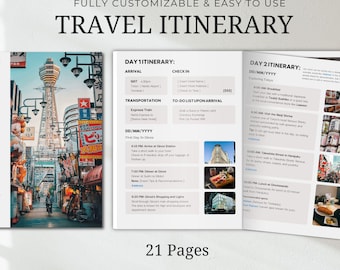 May include: A travel itinerary template for a trip through Japan. The template is fully customizable and easy to use. The cover image shows a street scene in Japan with a tall tower in the background. The text "Journey Through Japan" is on the cover. The template has 21 pages and is made in Canva.