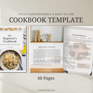 Canva Cookbook Template | Printable Recipe ebook | Recipe Book Template | Canva Templates | Editable Cookbook | 60 Pages