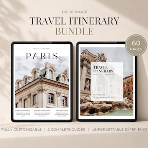 May include: Two digital tablets displaying travel itinerary templates. The left screen shows a Paris guide with architectural imagery. The right screen shows an Italy guide featuring the Trevi Fountain and a circular badge stating 60 PAGES.