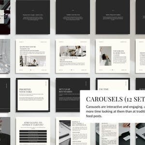May include: A collection of 12 Instagram carousel templates with a minimalist design. Each template features a black and white color scheme with text and images. The carousels are designed to boost productivity and grow business.