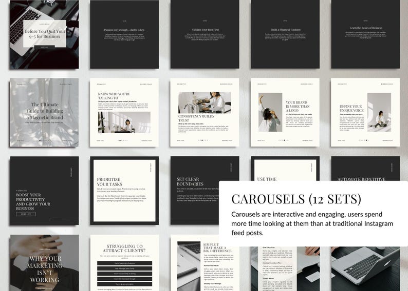 May include: A collection of 12 Instagram carousel templates with a minimalist design. Each template features a black and white color scheme with text and images. The carousels are designed to boost productivity and grow business.