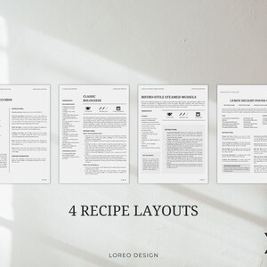 K&ouml;nnte beinhalten: Vier verschiedene Rezeptlayouts mit Titeln, Zutaten und Anweisungen. Die Titel lauten "Sonnengetrocknete Tomaten-Zucchini-Frittata", "Klassische Bolognese", "Bistro-Style Ged&auml;mpfte Muscheln" und "Zitronen-Schokoladenkuchen".