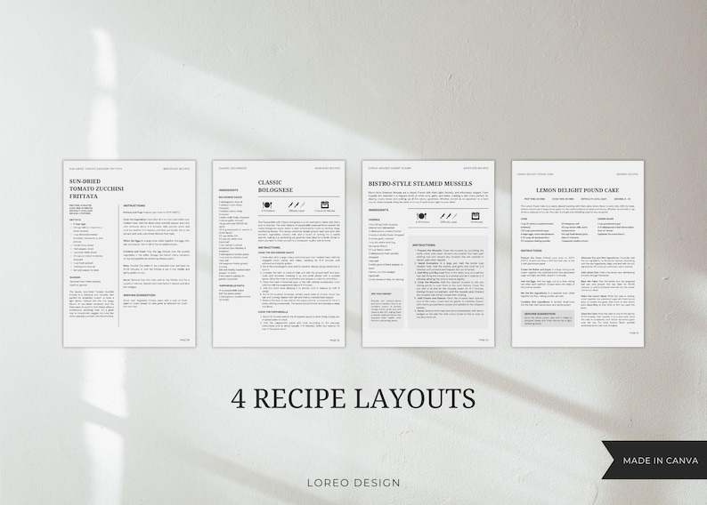 K&ouml;nnte beinhalten: Vier verschiedene Rezeptlayouts mit Titeln, Zutaten und Anweisungen. Die Titel lauten "Sonnengetrocknete Tomaten-Zucchini-Frittata", "Klassische Bolognese", "Bistro-Style Ged&auml;mpfte Muscheln" und "Zitronen-Schokoladenkuchen".