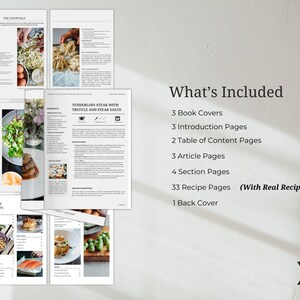 K&ouml;nnte beinhalten: Ein Kochbuch-Mockup mit wei&szlig;em Hintergrund. Das Cover zeigt ein Foto eines Salats mit wei&szlig;em Hintergrund. Der Text auf dem Cover lautet "Appetizer". Der Text "What's Included" wird in schwarzer Schrift auf wei&szlig;em Hintergrund angezeigt. Der Text listet die Anzahl der im Kochbuch enthaltenen Seiten auf, darunter 33 Rezeptseiten. Der Text "With Real Recipes" steht in Klammern neben der Anzahl der Rezeptseiten. Der Text "Made in Canva" wird in schwarzer Schrift auf wei&szlig;em Hintergrund angezeigt.