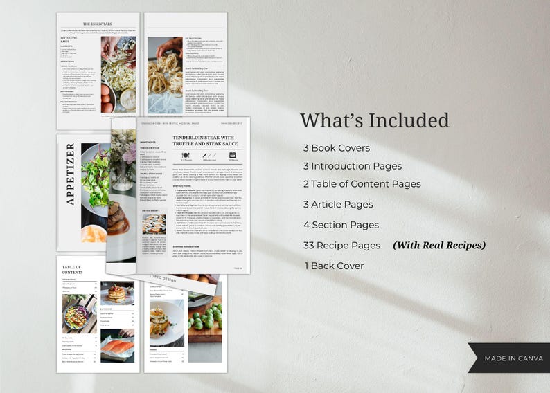 K&ouml;nnte beinhalten: Ein Kochbuch-Mockup mit wei&szlig;em Hintergrund. Das Cover zeigt ein Foto eines Salats mit wei&szlig;em Hintergrund. Der Text auf dem Cover lautet "Appetizer". Der Text "What's Included" wird in schwarzer Schrift auf wei&szlig;em Hintergrund angezeigt. Der Text listet die Anzahl der im Kochbuch enthaltenen Seiten auf, darunter 33 Rezeptseiten. Der Text "With Real Recipes" steht in Klammern neben der Anzahl der Rezeptseiten. Der Text "Made in Canva" wird in schwarzer Schrift auf wei&szlig;em Hintergrund angezeigt.