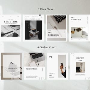 May include: A collection of book covers and chapter covers with minimalist designs. The front covers include text such as "THE GUIDE" and "THE WORKBOOK". The chapter covers feature numbers and text like "Chapter Two" and "Chapter Five".