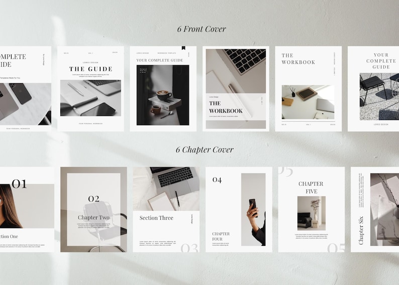 May include: A collection of book covers and chapter covers with minimalist designs. The front covers include text such as "THE GUIDE" and "THE WORKBOOK". The chapter covers feature numbers and text like "Chapter Two" and "Chapter Five".