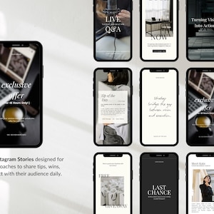 May include: A collection of smartphone screens displaying Instagram story templates. The templates feature text overlays with phrases like "Exclusive Offer" and "Tip of the Day." The design is minimalist, with a black and white color scheme, ideal for business coaches.