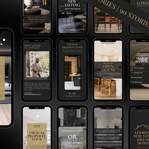 Peut inclure: Plusieurs &eacute;crans de smartphone affichant du contenu marketing immobilier. Les &eacute;crans pr&eacute;sentent du texte tel que &laquo;&nbsp;Vendu&nbsp;&raquo;, &laquo;&nbsp;Nouvelle annonce&nbsp;&raquo; et &laquo;&nbsp;Portes ouvertes&nbsp;&raquo;. La conception est sombre avec des accents dor&eacute;s, pr&eacute;sentant des annonces immobili&egrave;res et des informations sur les agents.
