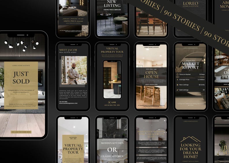 Peut inclure: Plusieurs &eacute;crans de smartphone affichant du contenu marketing immobilier. Les &eacute;crans pr&eacute;sentent du texte tel que &laquo;&nbsp;Vendu&nbsp;&raquo;, &laquo;&nbsp;Nouvelle annonce&nbsp;&raquo; et &laquo;&nbsp;Portes ouvertes&nbsp;&raquo;. La conception est sombre avec des accents dor&eacute;s, pr&eacute;sentant des annonces immobili&egrave;res et des informations sur les agents.
