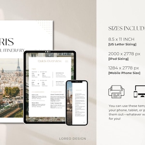 May include: A digital travel itinerary template for Paris, France. The template includes a quick overview section, a list of things to do, and a section for travel tips. The template is available in three sizes: 8.5 x 11 inches, 2000 x 2778 pixels, and 1284 x 2778 pixels.