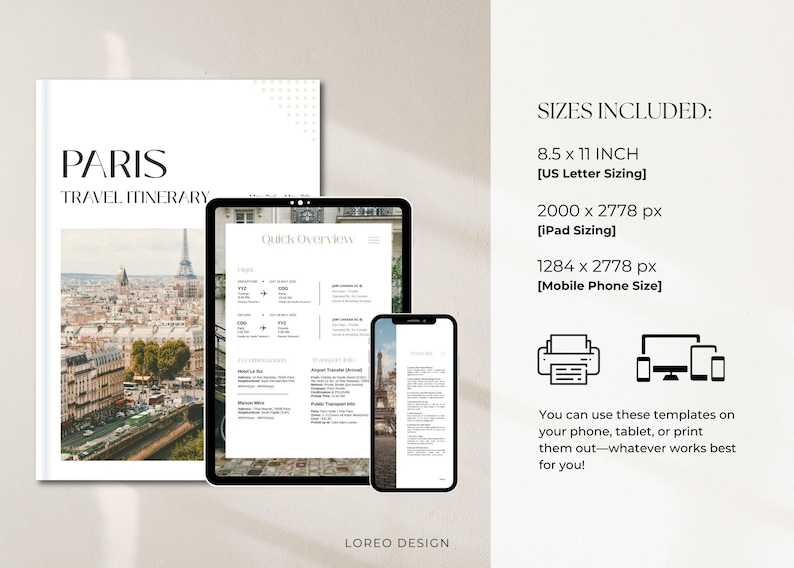 May include: A digital travel itinerary template for Paris, France. The template includes a quick overview section, a list of things to do, and a section for travel tips. The template is available in three sizes: 8.5 x 11 inches, 2000 x 2778 pixels, and 1284 x 2778 pixels.
