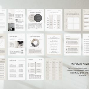 May include: A collection of worksheets and templates for workbooks, with a neutral color palette. The image includes various layouts for questionnaires, case studies, and checklists. Text on the image reads "Workbook Essentials".