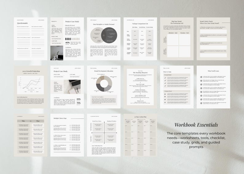 May include: A collection of worksheets and templates for workbooks, with a neutral color palette. The image includes various layouts for questionnaires, case studies, and checklists. Text on the image reads "Workbook Essentials".