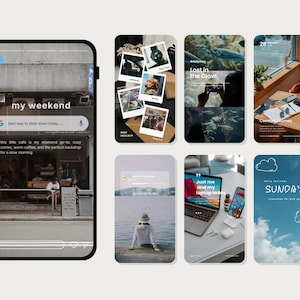 May include: A collection of digital images displayed on a light background. The images include a smartphone screen with the text "my weekend", photos, a laptop, and a phone. The images have a travel and lifestyle theme.