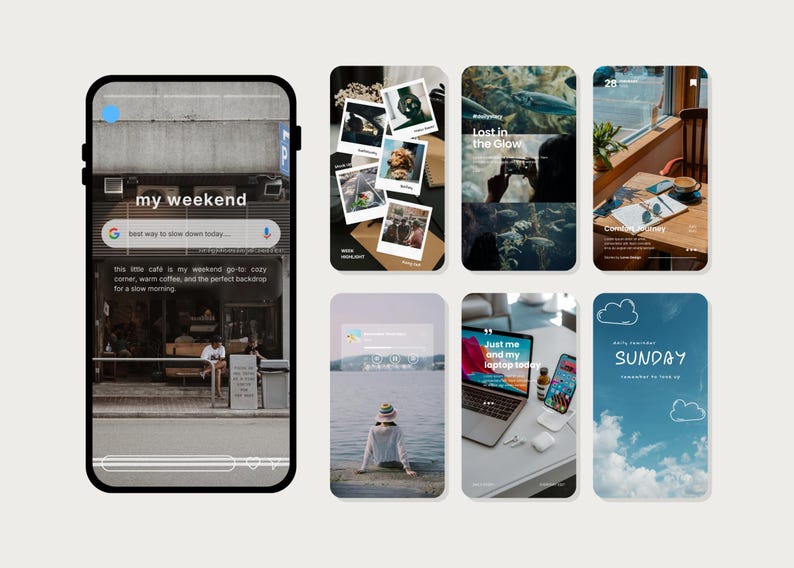 May include: A collection of digital images displayed on a light background. The images include a smartphone screen with the text "my weekend", photos, a laptop, and a phone. The images have a travel and lifestyle theme.