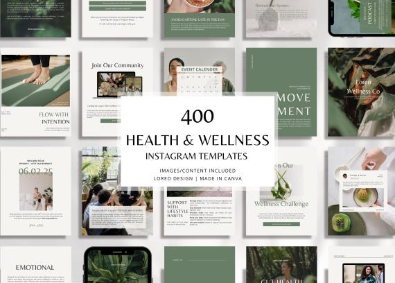400 Health & Wellness Instagram Canva Templates - Modern | Minimal | Self care - Content, Post, Stories, Reel Templates, Portrait Post