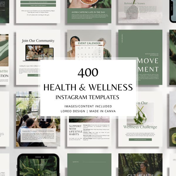 400 Health & Wellness Instagram Canva Templates - Modern | Minimal | Self care - Content, Post, Stories, Reel Templates, Portrait Post