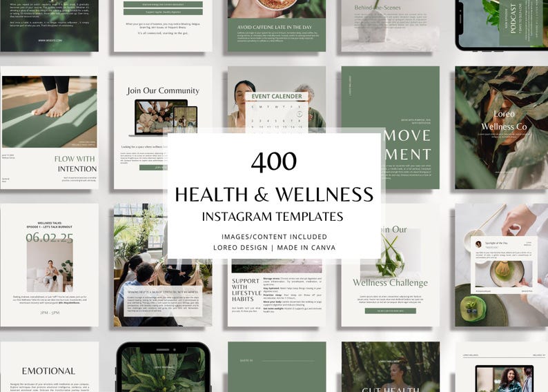 400 Health & Wellness Instagram Canva Templates - Modern | Minimal | Self care - Content, Post, Stories, Reel Templates, Portrait Post image 1